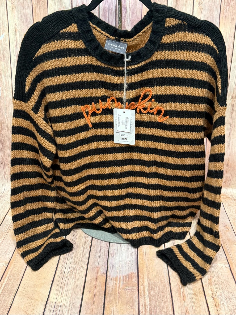 ✨NWT✨ Wooden Ships Black & Tan Striped 'Pumpkin' Crew Sweater -Size S/M
